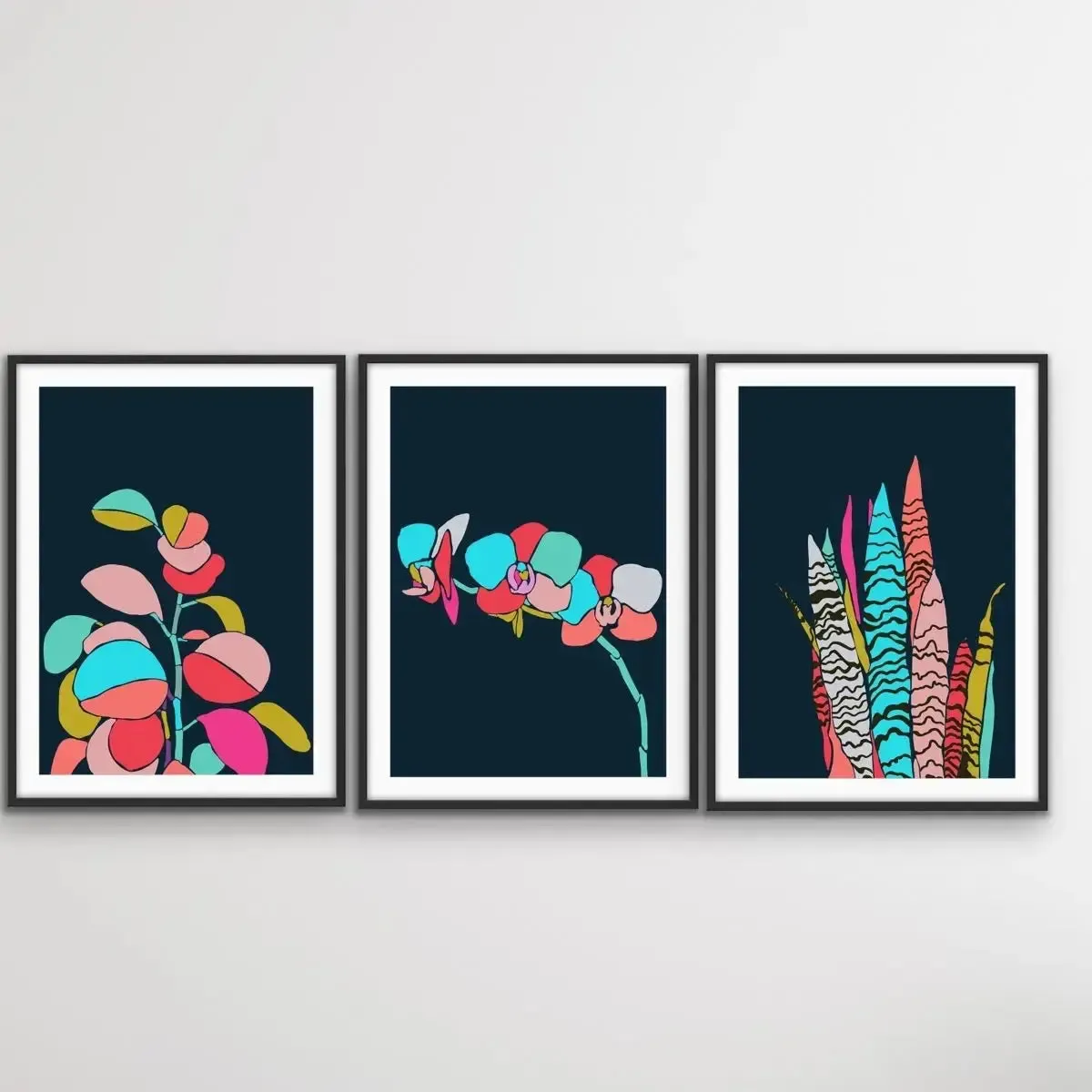 A Botanical Rainbow - Three Piece Blue Jungle Canvas Print Set Triptych