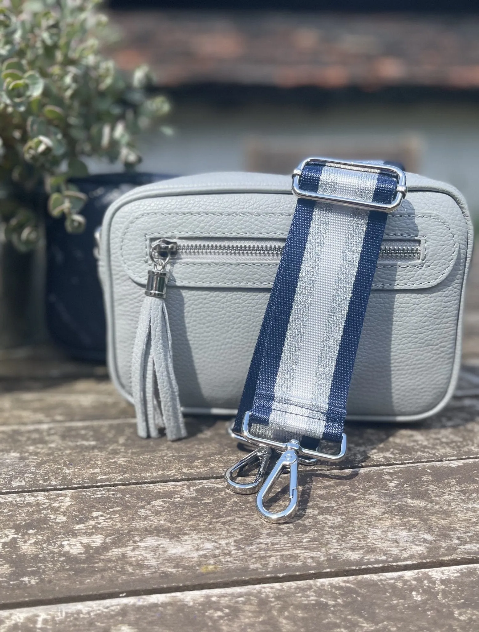 Bag Strap - Silver, Navy And Silver Grey Stripe