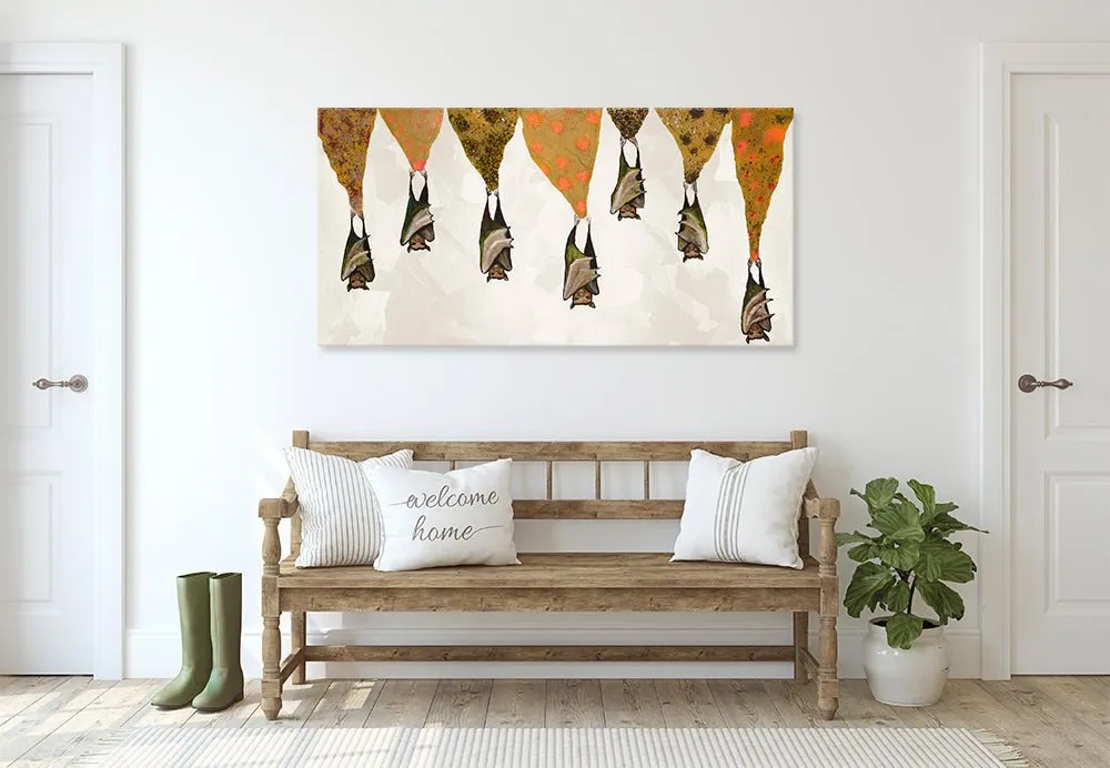 Bats On Sparkly Stalactites - Cream Canvas Wall Art