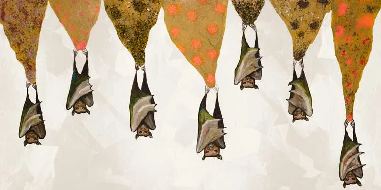 Bats On Sparkly Stalactites - Cream Canvas Wall Art