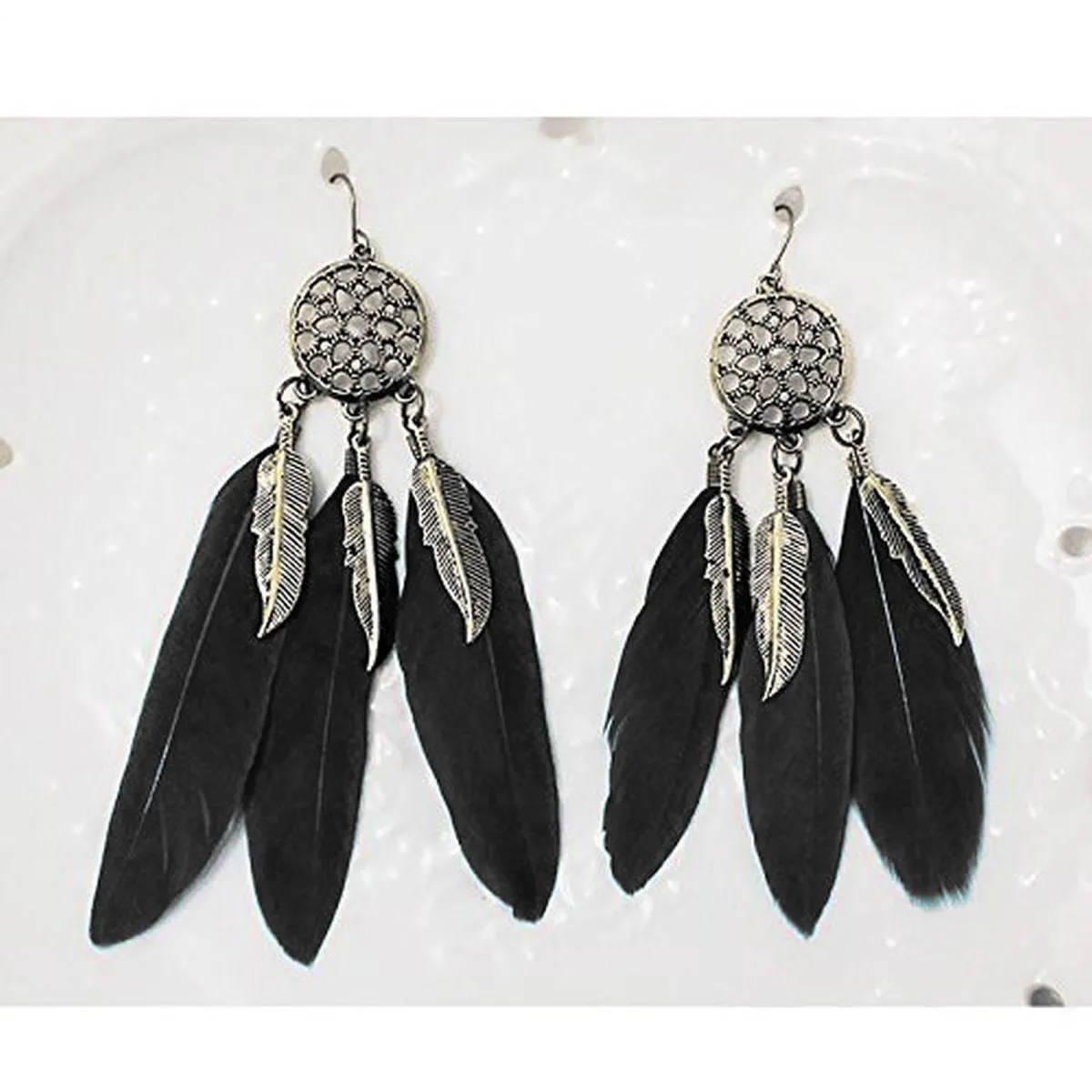 Boho Feather Flower Filigree Black 18K Gold Hanging Dangle Earring