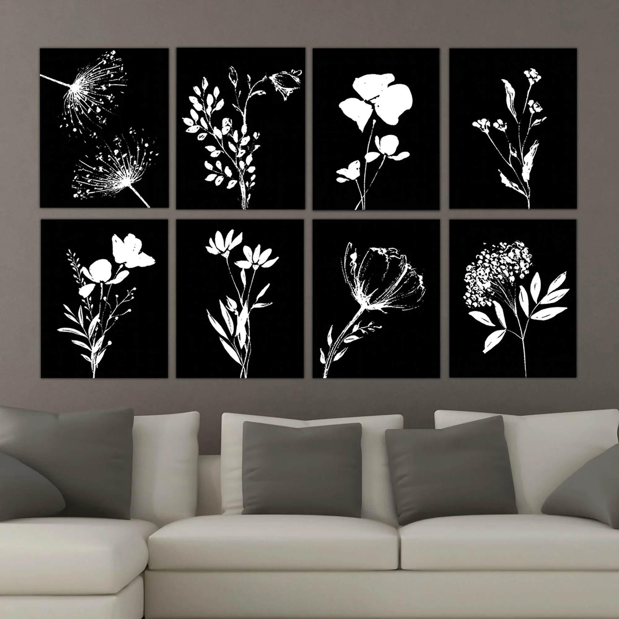 Botanical Flower Sketches on Black Background