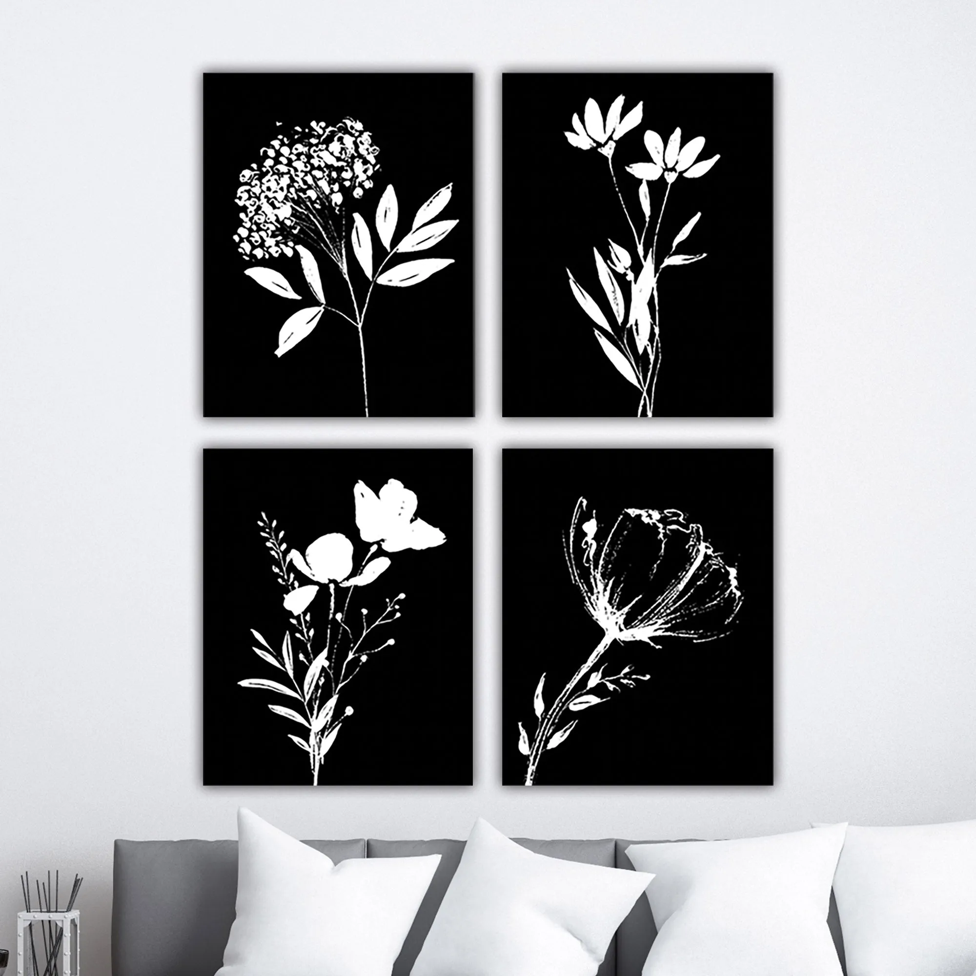 Botanical Flower Sketches on Black Background