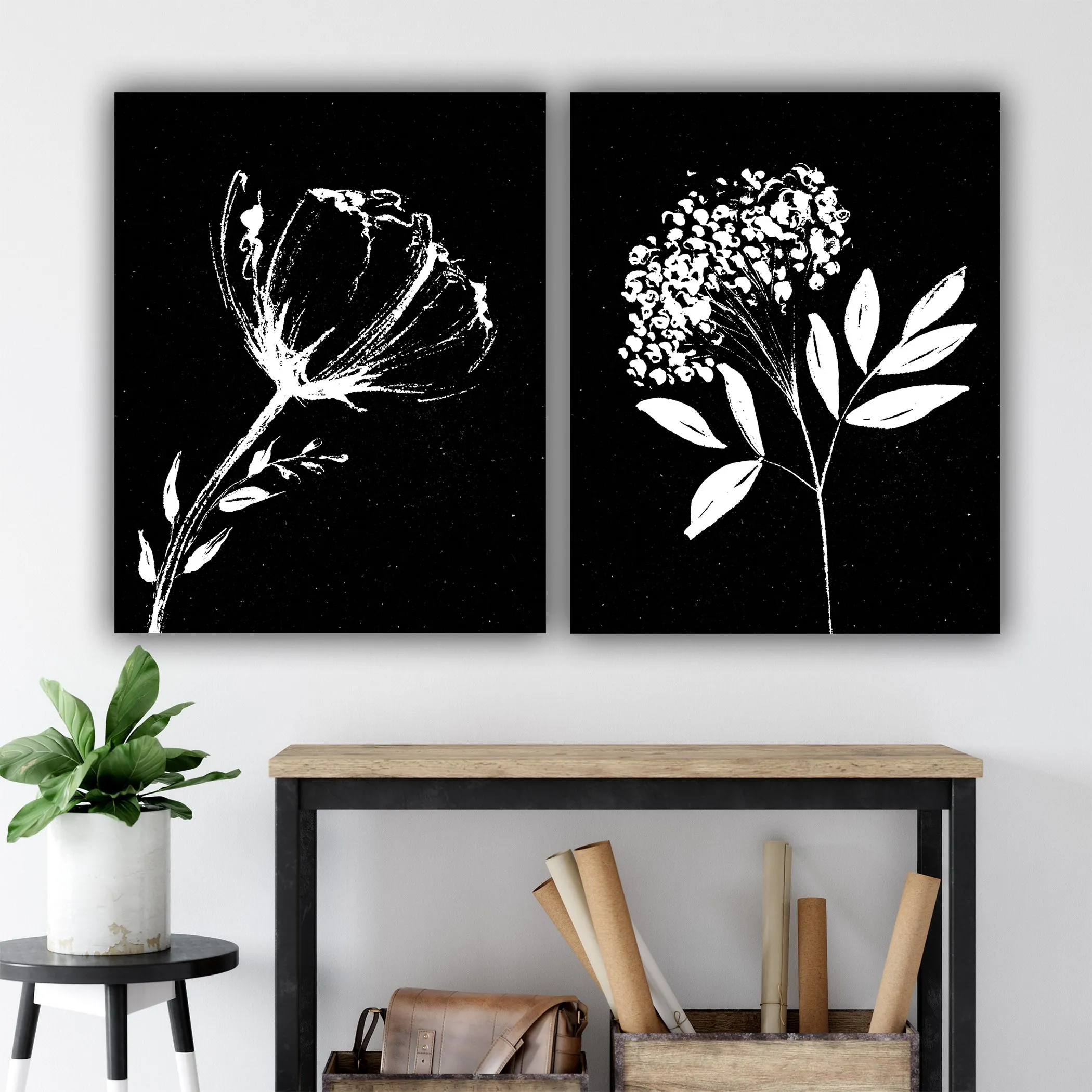 Botanical Flower Sketches on Black Background