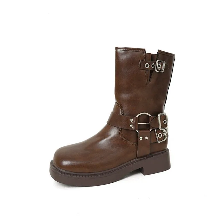 British Style Retro Solid Color Simple Mid-Calf  Autumn New Metal Buckle Chunky Heel Martin Boots