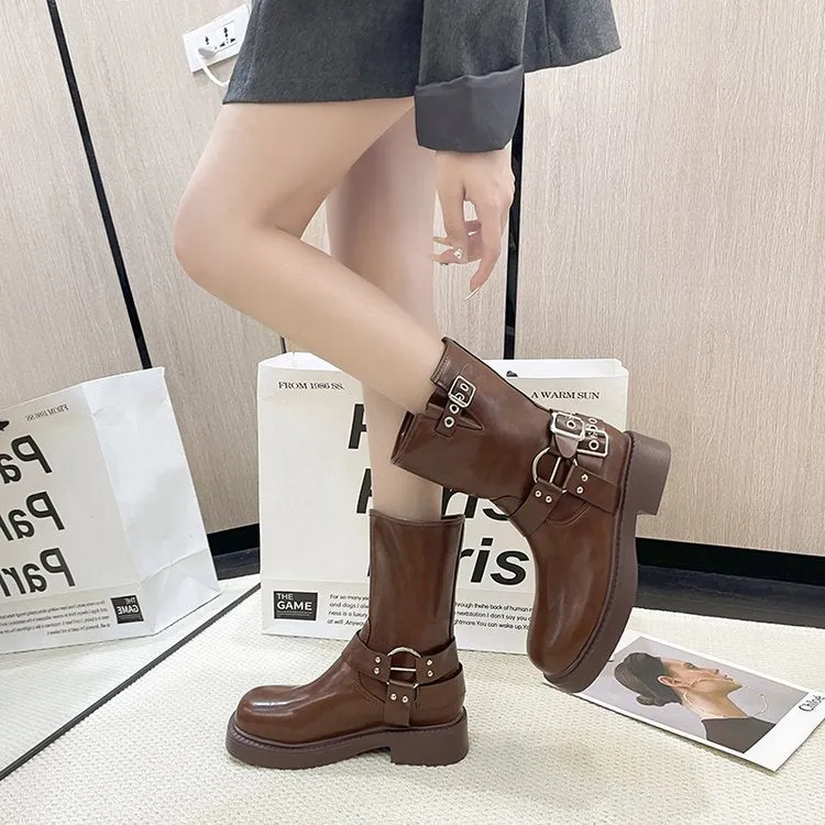 British Style Retro Solid Color Simple Mid-Calf  Autumn New Metal Buckle Chunky Heel Martin Boots