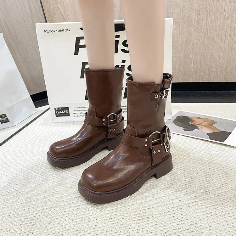 British Style Retro Solid Color Simple Mid-Calf  Autumn New Metal Buckle Chunky Heel Martin Boots