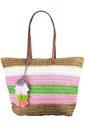 Color Striped Straw Tote Bag w/Tassel