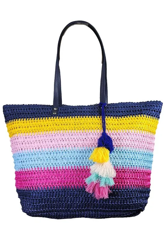 Color Striped Straw Tote Bag w/Tassel