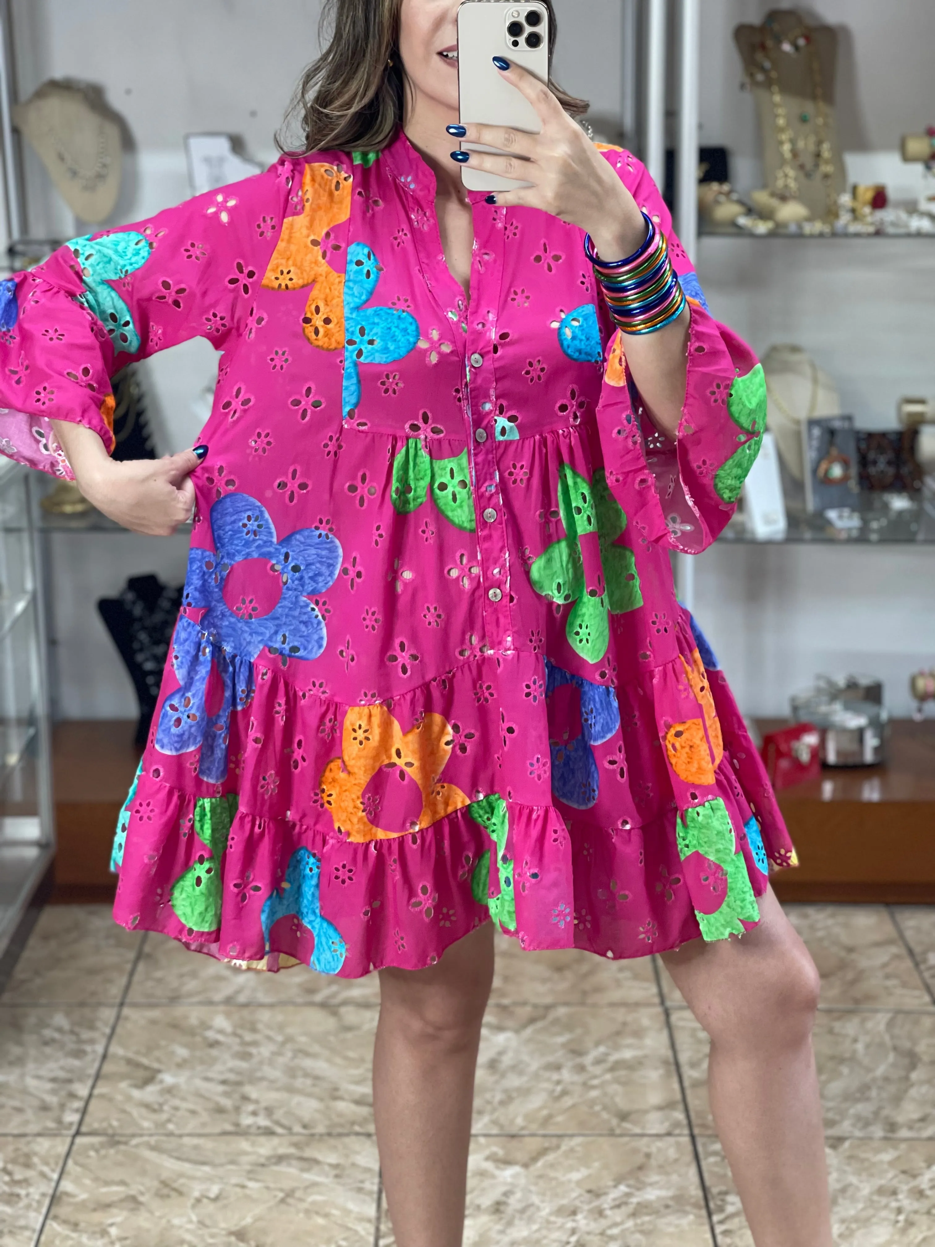 Colorful Floral Eyelet OS Dress