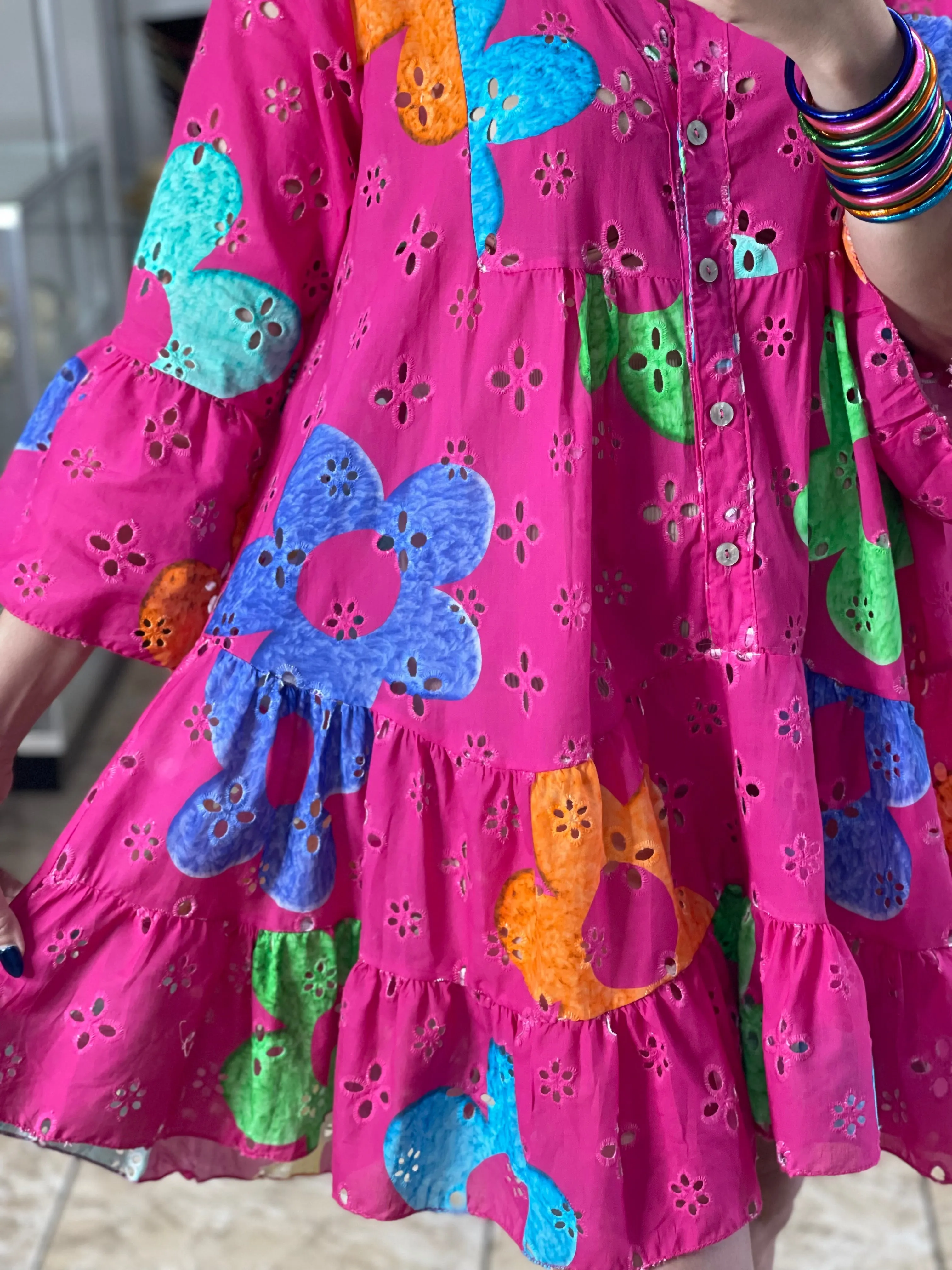 Colorful Floral Eyelet OS Dress