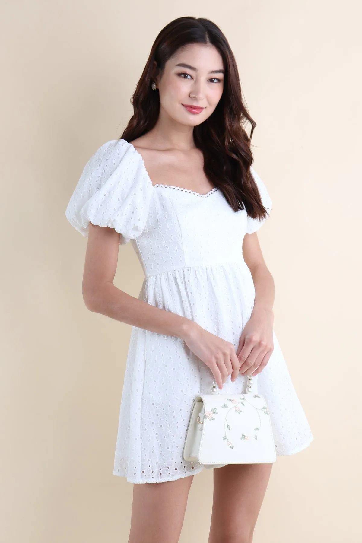 EMBER PUFF SLEEVES EYELET DRESS IN WHITE