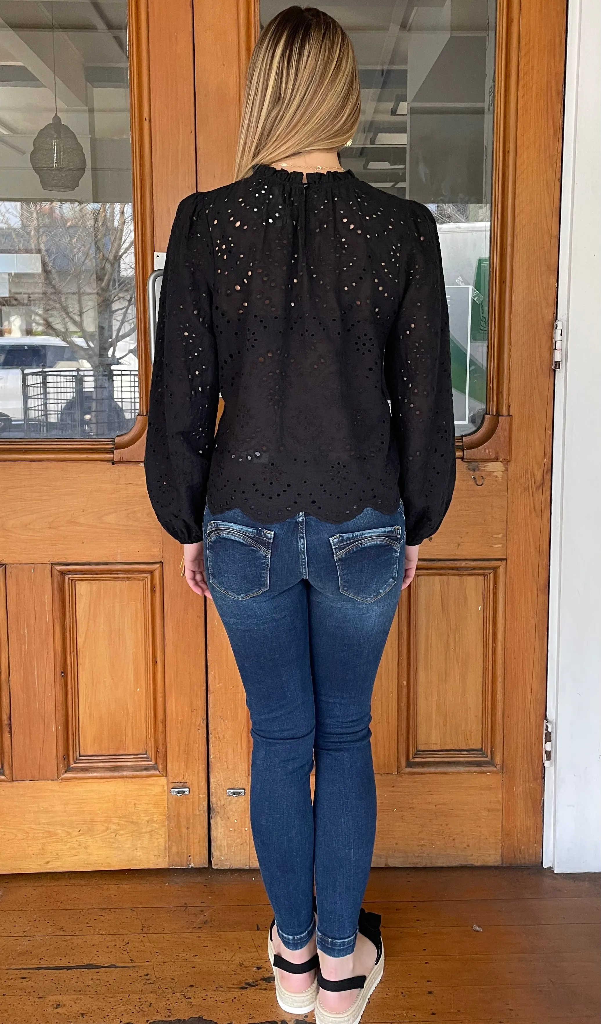 Eva Eyelet Long Sleeve Top Black