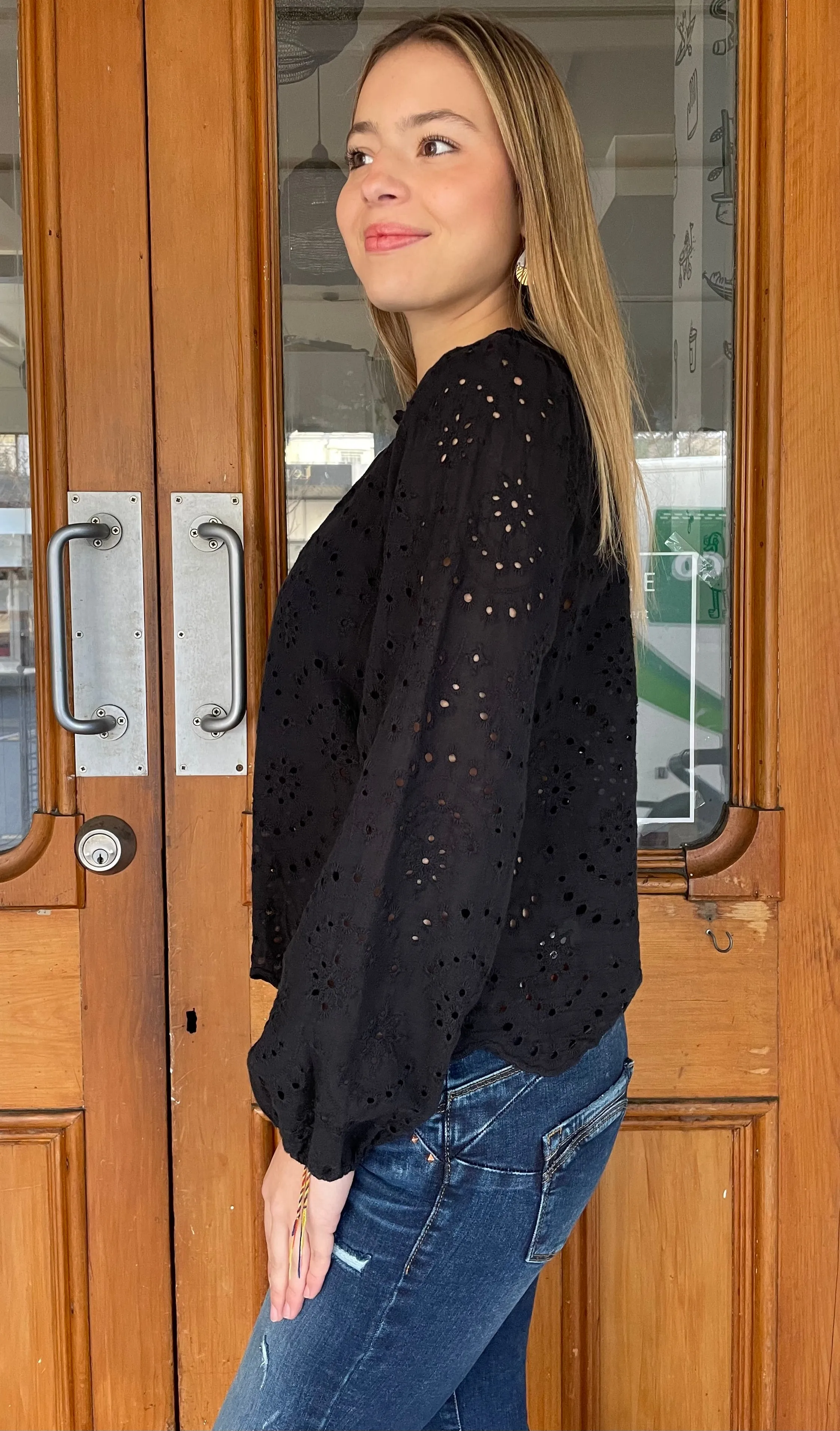 Eva Eyelet Long Sleeve Top Black