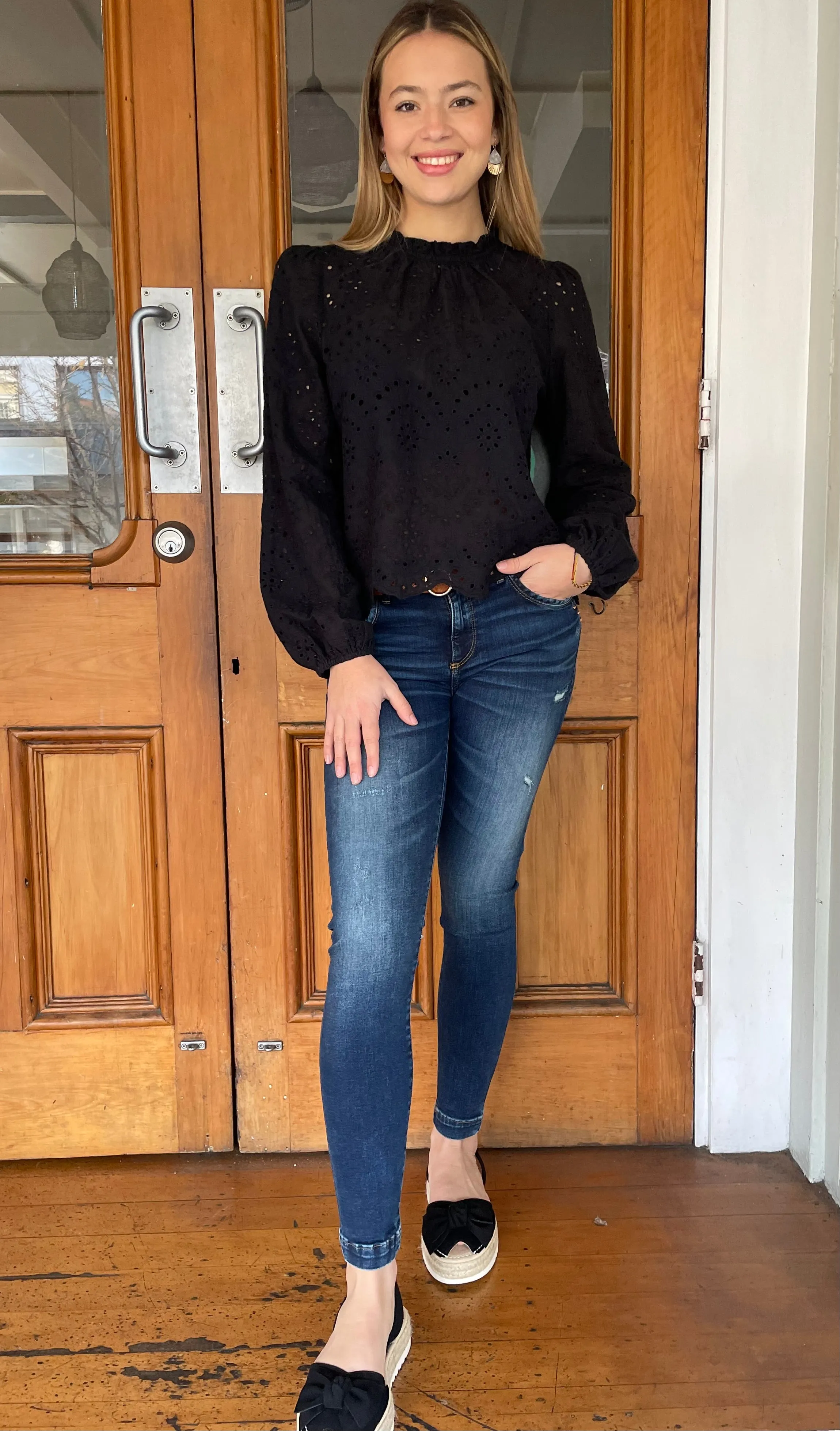 Eva Eyelet Long Sleeve Top Black