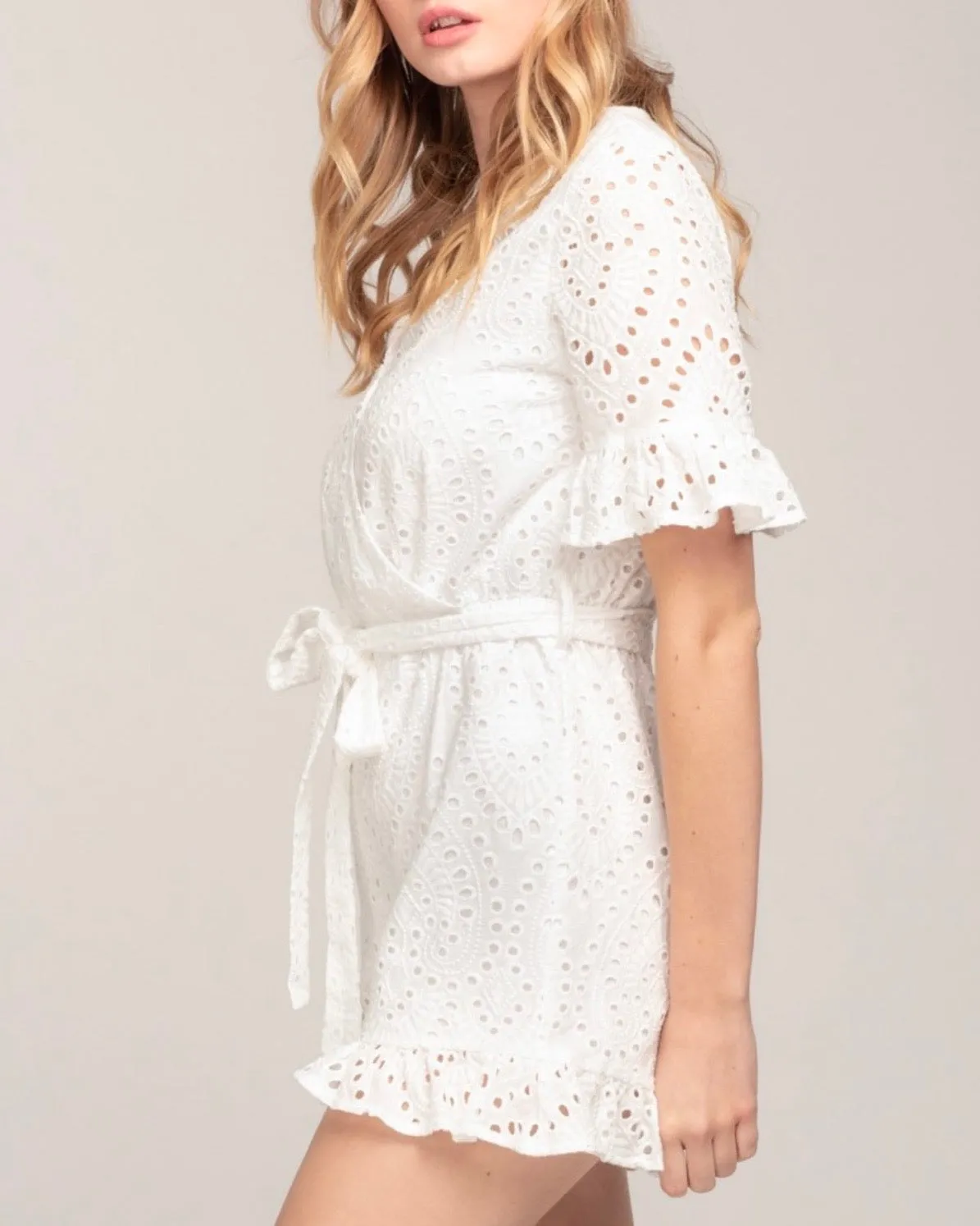 Everly - Eyelet Faux Wrap Cotton Romper with Ruffle Hem in White