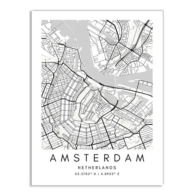 London Paris Amsterdam City Maps Wall Art Fine Art Canvas Print CUSTOM City Map Picture Minimalist Black White Nordic Style Home Office Interior Decor