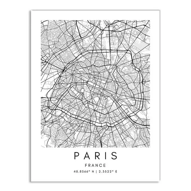 London Paris Amsterdam City Maps Wall Art Fine Art Canvas Print CUSTOM City Map Picture Minimalist Black White Nordic Style Home Office Interior Decor