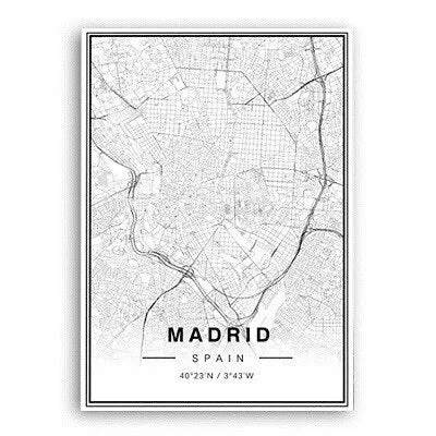 Madrid City Map Wall Art Black And White Fine Art Canvas Prints Spain Travel Business Office Longitude Latitude City Location Posters For Modern Home Decor