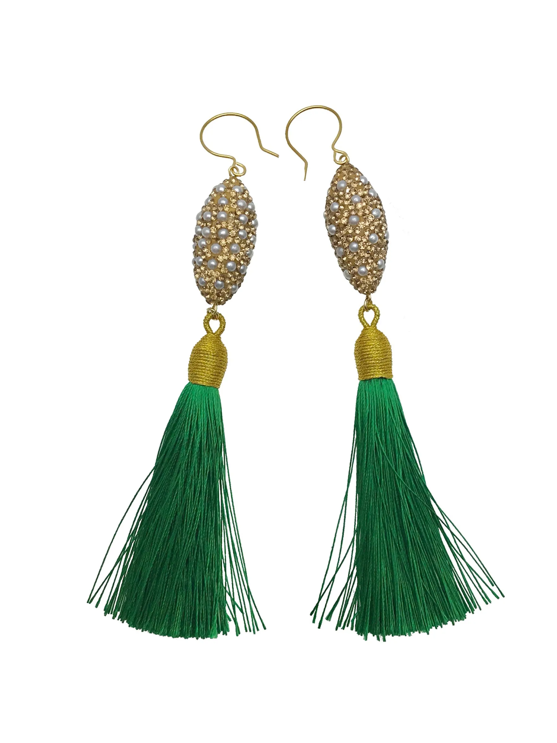 Rhinestones With Green Tassel Earrings CE037