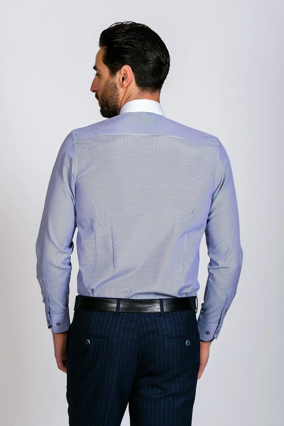 SHELBY - Navy Blue Stripe Penny Collar Shirt