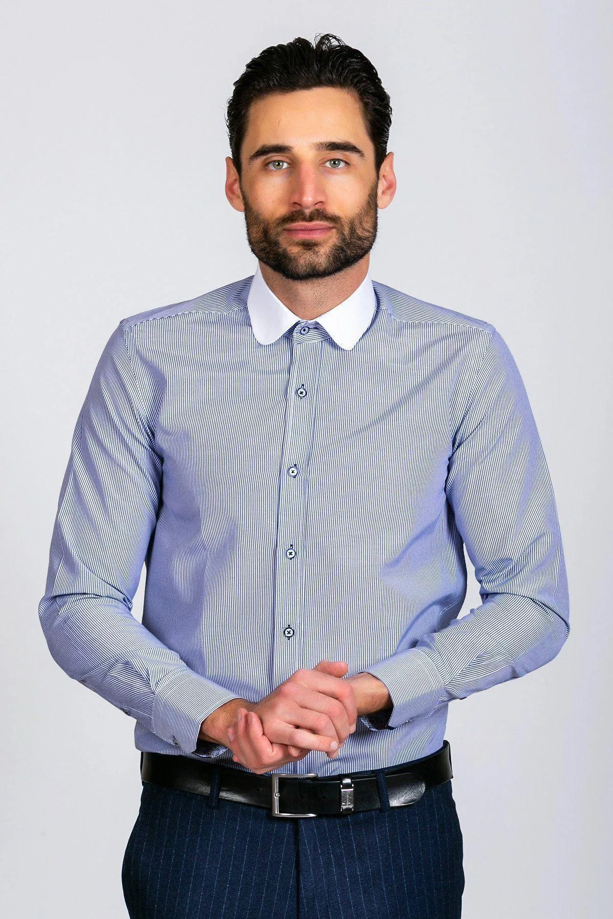 SHELBY - Navy Blue Stripe Penny Collar Shirt