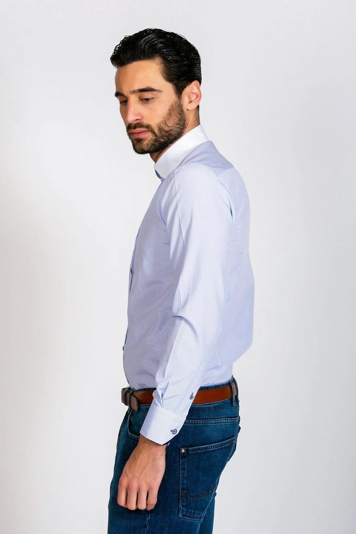 SHELBY - Sky Blue Stripe Penny Collar Shirt