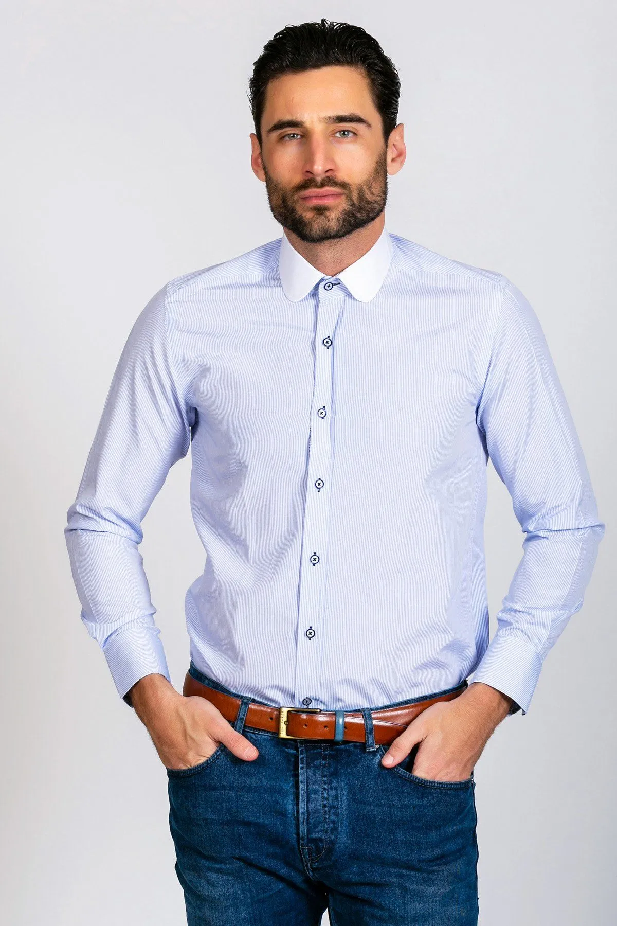 SHELBY - Sky Blue Stripe Penny Collar Shirt