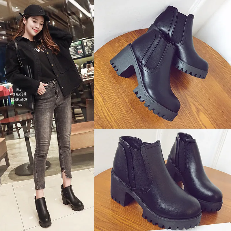 Size 41 Autumn and Winter British Martin Boots Low-Cut Chunky Heel High Heel Women's Ankle Boots round Toe Waterproof Platform Elastic Ankle Boots Wholesale